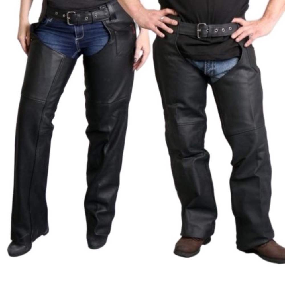 HOT LEATHERS Biker Chaps Unisex Lined Snap Zipper Black Leather Unisex Size XL